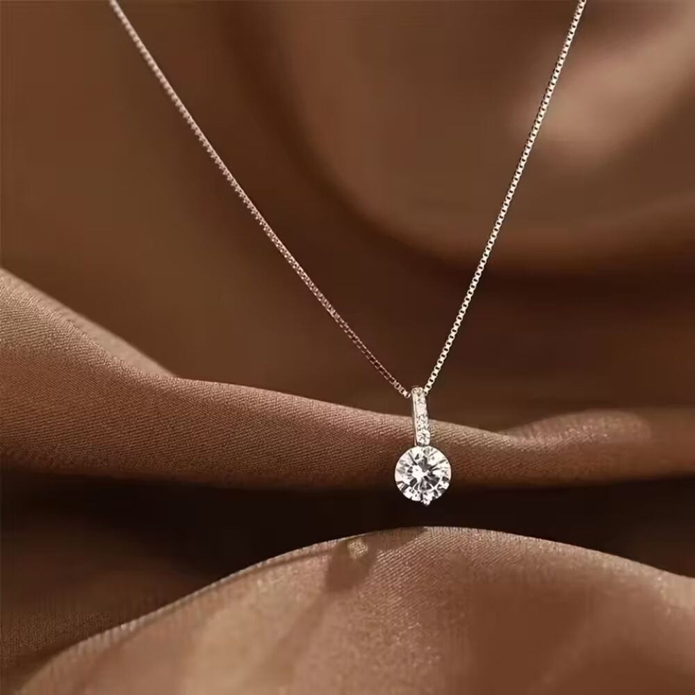 Silver Round Clear Zirconia Crystal Pendant Necklace Drop Gemstone Charm Elegant